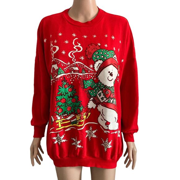 Linda Lori New York Sweatshirt Womens One Size XL Red Christmas Teddy Bear - Picture 8 of 8